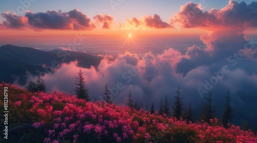 Breathtaking Sunrise Over Flower-Covered Mountains with Floating Clouds and Vibrant Sky