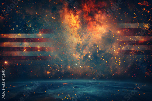 American Flag colors and fireworks mockup background with copy space . 4 July independence day concept celebration photo