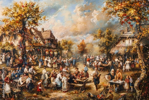 A painting depicting a lively crowd of people celebrating at a harvest festival in a village, A harvest festival bustling with laughter and music © Iftikhar alam