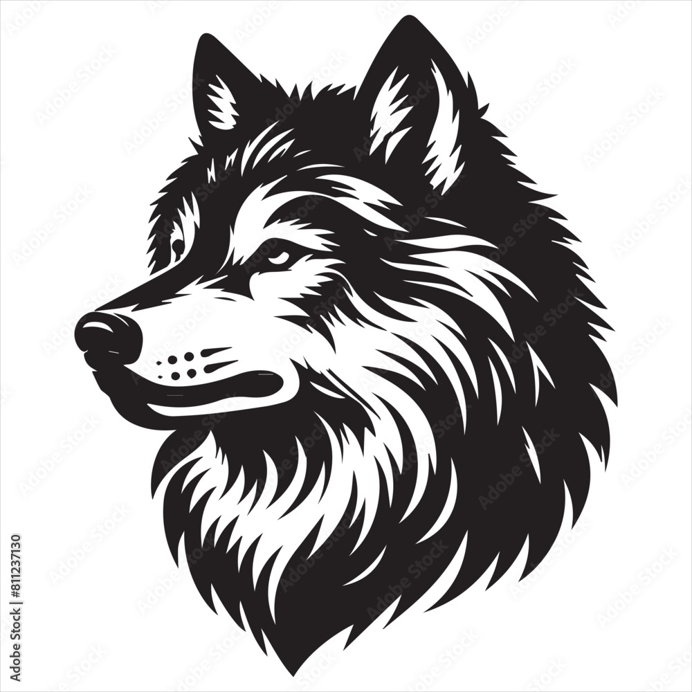 Wolf head is shown in black and white with a more realistic silhouette on white background