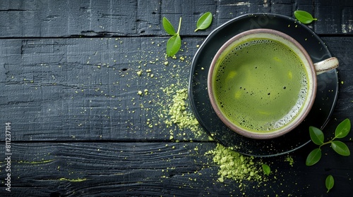 Matcha green tea in a cup on a black wooden table
