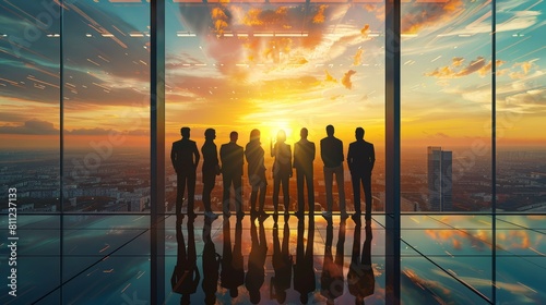 Silhouette of business team stand and feel happy on the most hight at stand on sunset, success, leader, teamwork, target, Aim, confident, achievement, goal, on plan, finish, generate by AI photo