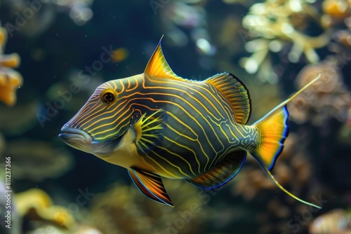 Orange-Lined Triggerfish Swimming in Underwater Aquarium Habitat photo