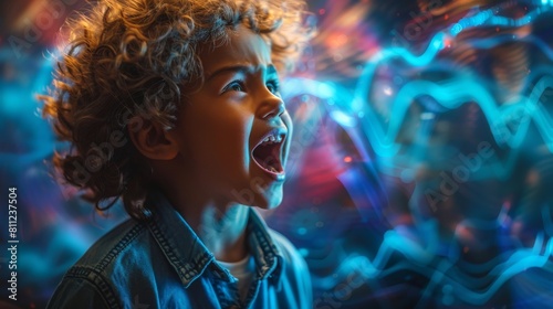 Close-up of little boy screaming loudly against colorful magic backdrop. Enchanted kid waiting for holiday magic. Mysterious cosmic background with bokeh effect.