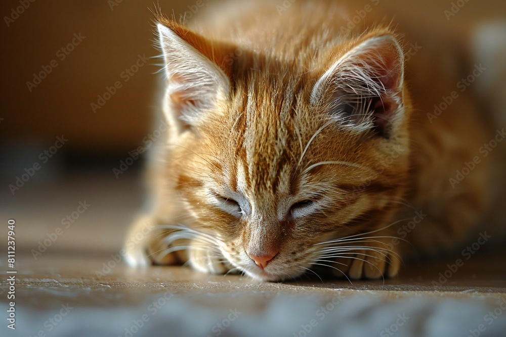 Cute ginger cat sleeping on the floor,  Selective focus