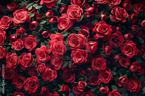 Background of red rose flowers with leaves