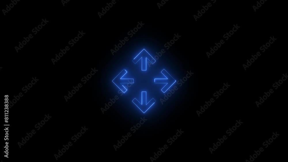 Neon glowing blue color left right up down arrow direction icon on black background animation Neon glowing blue color left right up down arrow direction icon on black background animation