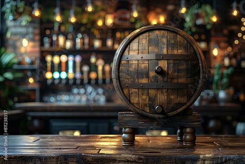 Wooden barrel on the table in a pub, rendering