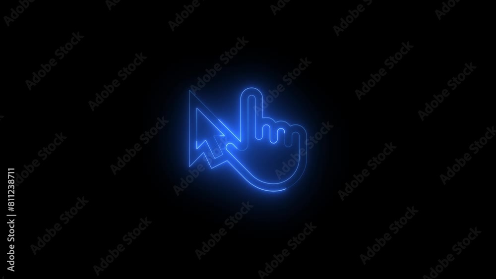 Neon glowing blue color touch pointer arrow hand icon on black background animation Neon glowing blue color touch pointer arrow hand icon on black background animation