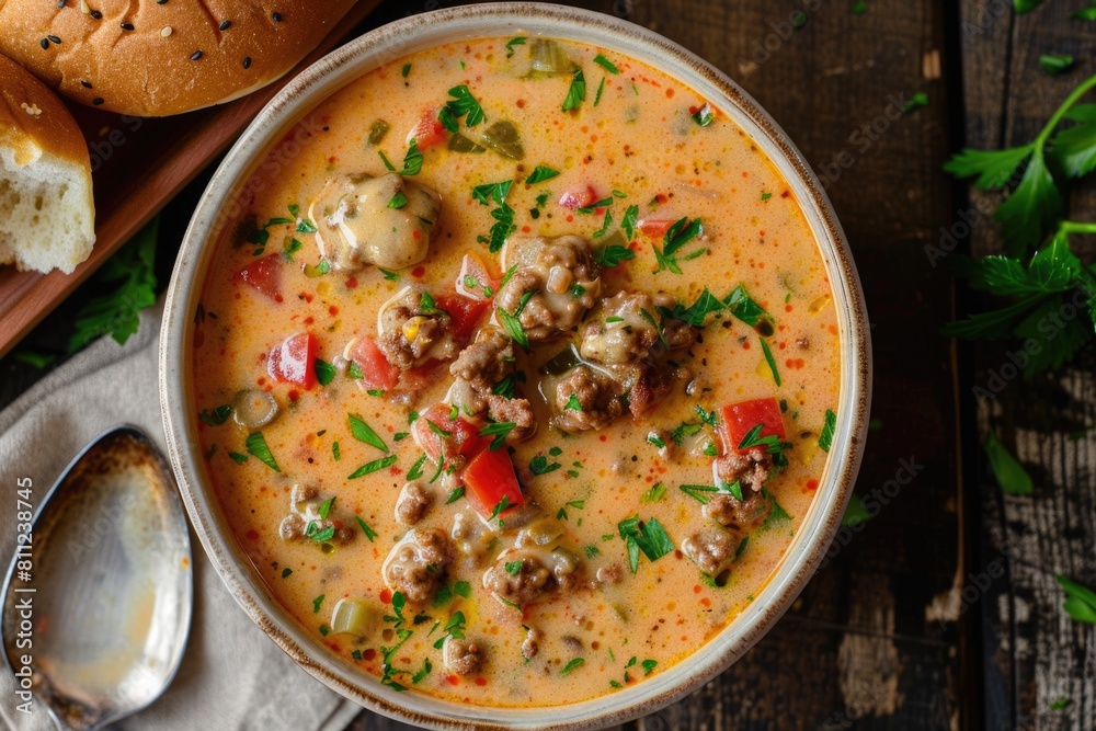 Homemade Cheeseburger Soup with Buns. Hot and Delicious Diet Soup on Background with Epicure Spoon. Homemade Cheeseburger Soup with Buns. Hot and Delicious Diet Soup on Background with Epicure Spoon.