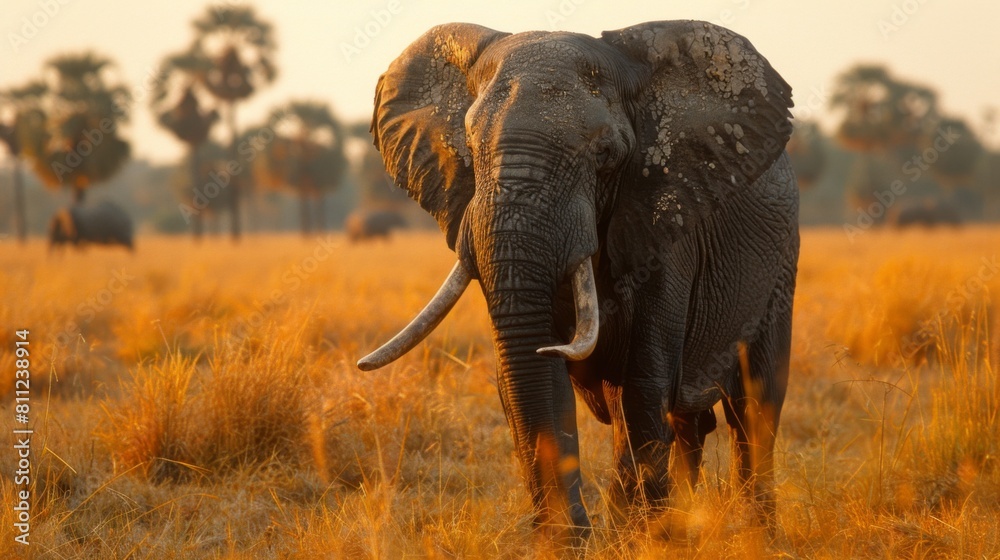 Fototapeta premium An elephant walking through a field of tall grass with trees in the background, AI