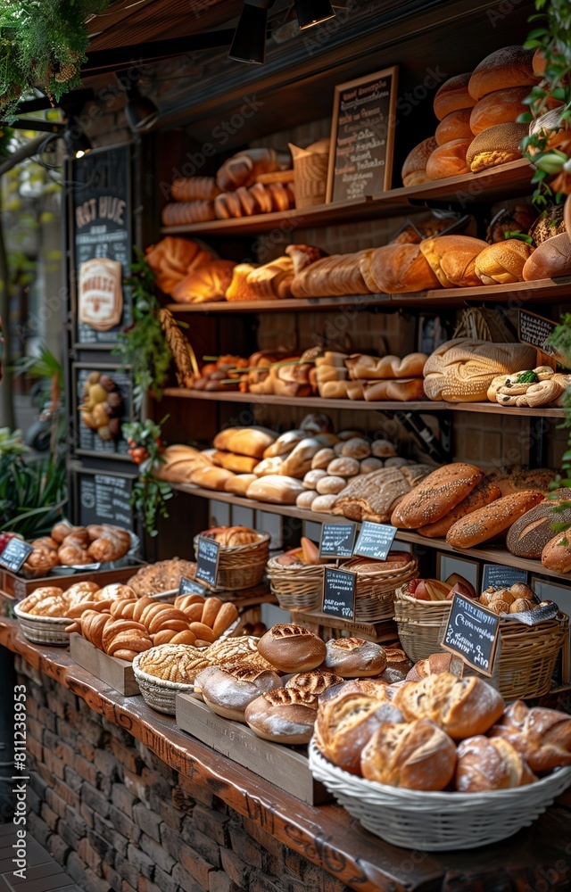 Bakery showcasing an array of fresh breads with prominent signage