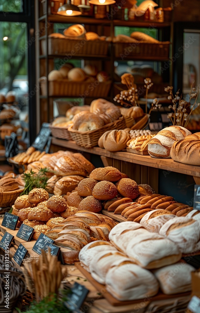 Bakery showcasing an array of fresh breads with prominent signage Bakery showcasing an array of fresh breads with prominent signage