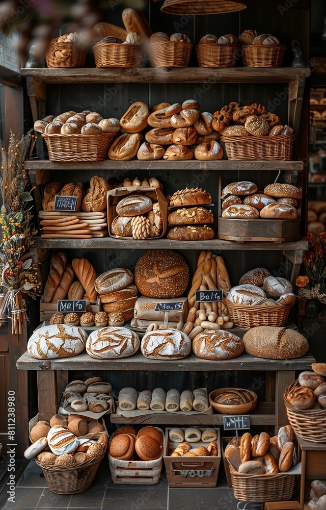 Bakery showcasing an array of fresh breads with prominent signage Bakery showcasing an array of fresh breads with prominent signage