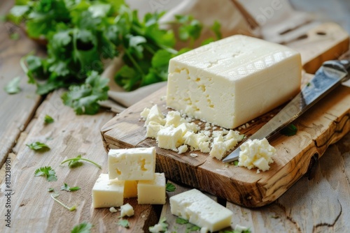 Mexican Cotija Cheese on Wooden Board with Knife. Background of Fresh Cilantro and Dairy Food photo