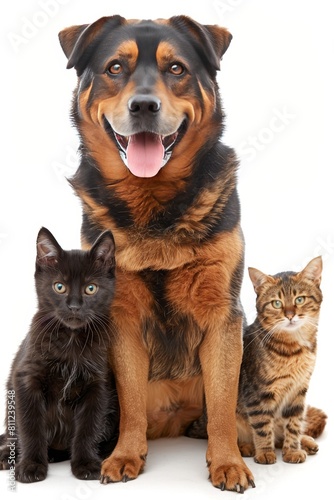 Assorted cats and dogs in high quality studio portrait on white backdrop with room for text