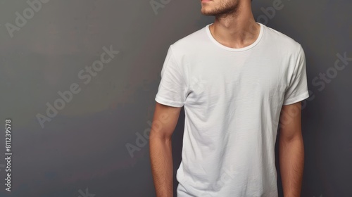 Male model wearing a white blank t-shirt, shown from front to back, ideal for showcasing designs on an evenly lit grey background