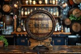 Wooden barrel on the table in a pub,  Bar interior