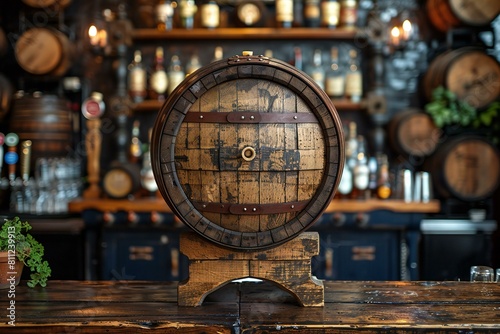 Wooden barrel on the table in a pub, Bar interior