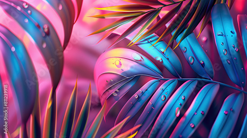 Minimal background tropical and palm leaves in bright gradient colors. Banner for social networks, web pages