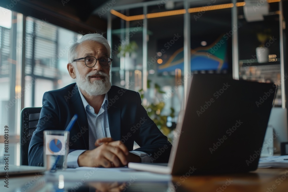 A man engaged in a video call on his laptop while seated at a table, A high-powered CEO on a video call discussing company growth A man engaged in a video call on his laptop while seated at a table, A high-powered CEO on a video call discussing company growth