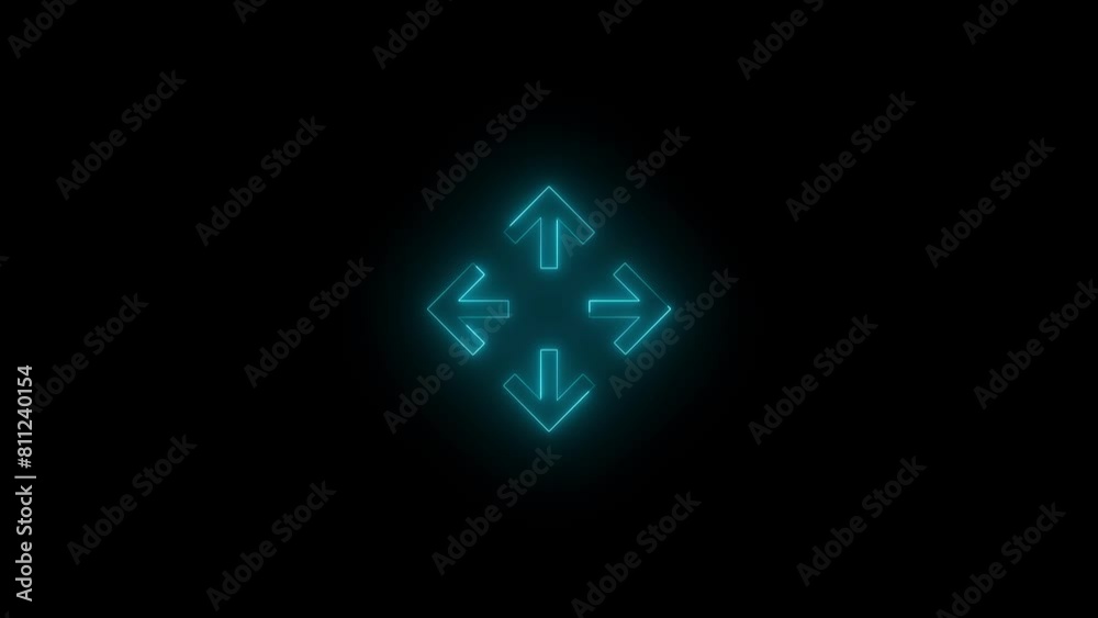 Neon glowing cyan color left right up down arrow direction icon on black background animation Neon glowing cyan color left right up down arrow direction icon on black background animation