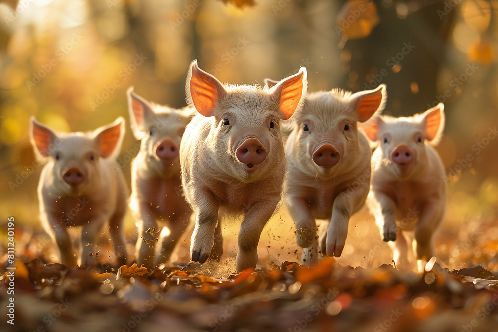 Pigs sprinting and playing in open field Pigs sprinting and playing in open field