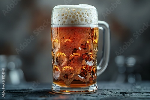 Mug of beer with foam and bubbles on a dark background