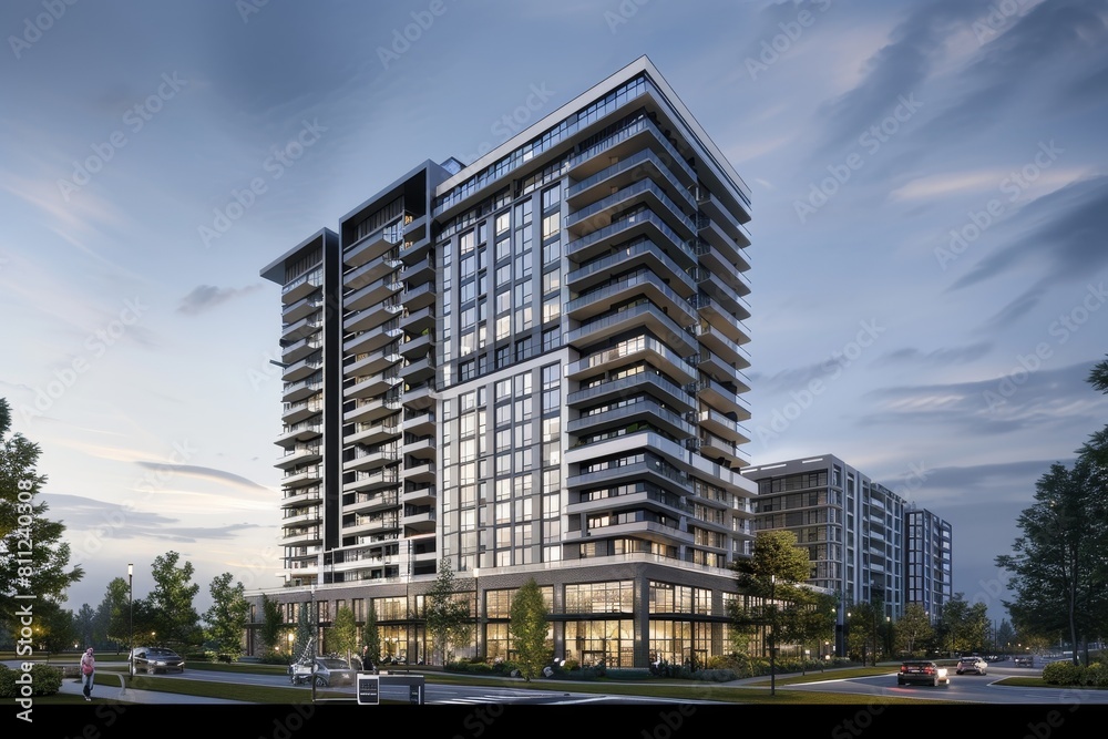 A very tall building with a plethora of windows reaching skyward, A high-rise apartment building with state-of-the-art amenities A very tall building with a plethora of windows reaching skyward, A high-rise apartment building with state-of-the-art amenities