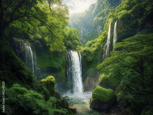 A breathtaking waterfall cascades down the lush green mountains, A stunning photograph of the majestic waterfalls, surrounded by dense forests and vibrant wildlife.