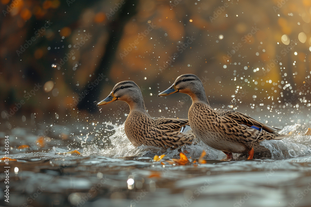 Two ducks are swimming in a body of water Two ducks are swimming in a body of water