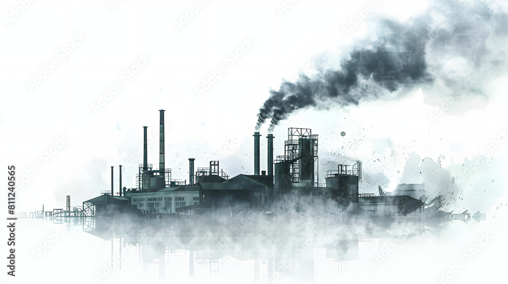 Factory emitting toxic fumes into the atmosphere isolated on white background, vintage, png
