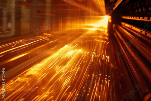 A high-speed train is seen moving through a tunnel  creating a blurry effect due to its speed  A high-speed industrial printer churning out pages at lightning speed