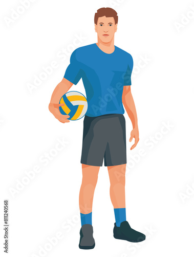Isolated figure of volleyball player in a blue T-shirt who stands straight with a ball in his hand