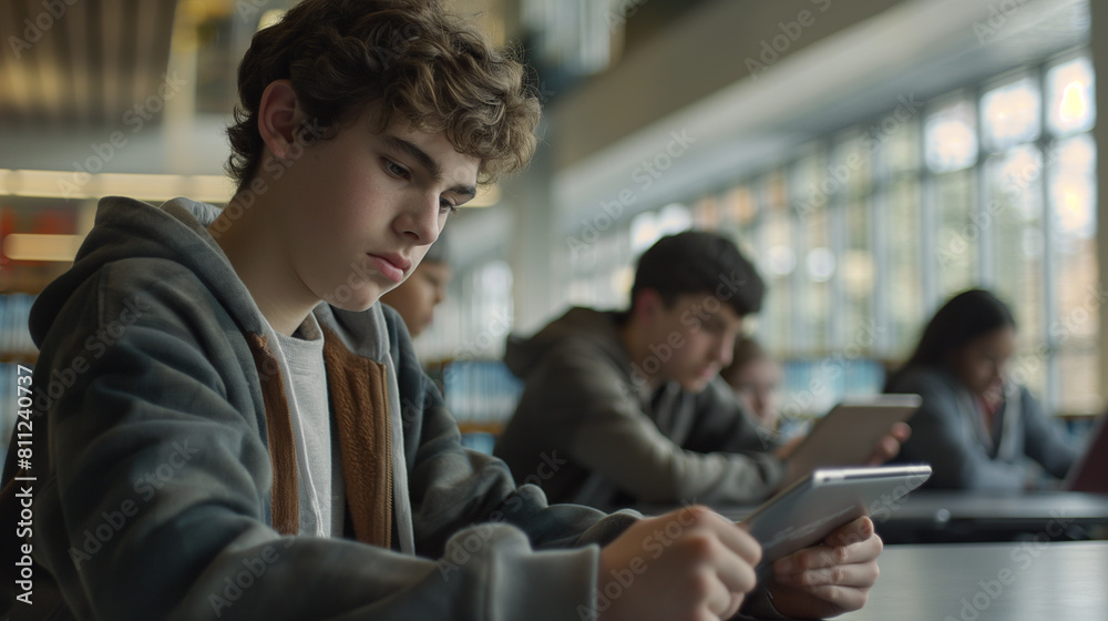 A modern high school setting where teenagers are using digital tablets for learning. The students are grouped in a library with large windows A modern high school setting where teenagers are using digital tablets for learning. The students are grouped in a library with large windows