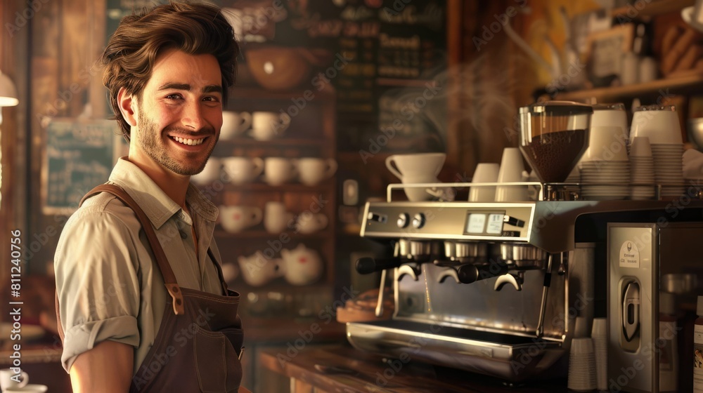 The picture of the barista working inside the cafe or the coffee shop, the barista skills require the knowledge of the various type of the coffee bean and time management in making the coffee. AIG43.