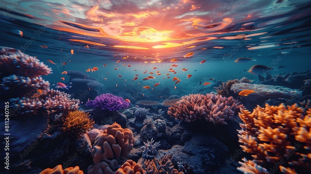 Beautiful sea life under the ocean, world ocean day concept, sunset lighting. Generative AI.