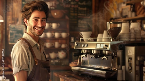 The picture of the barista working inside the cafe or the coffee shop  the barista skills require the knowledge of the various type of the coffee bean and time management in making the coffee. AIG43.