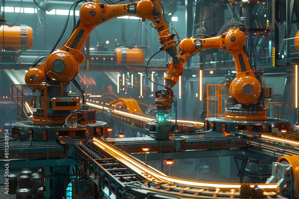 Industrial factory with robotic arms working efficiently on a conveyor belt in a high-tech manufacturing plant, A high-tech manufacturing plant with robotic arms and conveyor belts Industrial factory with robotic arms working efficiently on a conveyor belt in a high-tech manufacturing plant, A high-tech manufacturing plant with robotic arms and conveyor belts