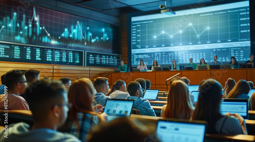 A university lecture hall where students of various ages are engaged in a digital presentation