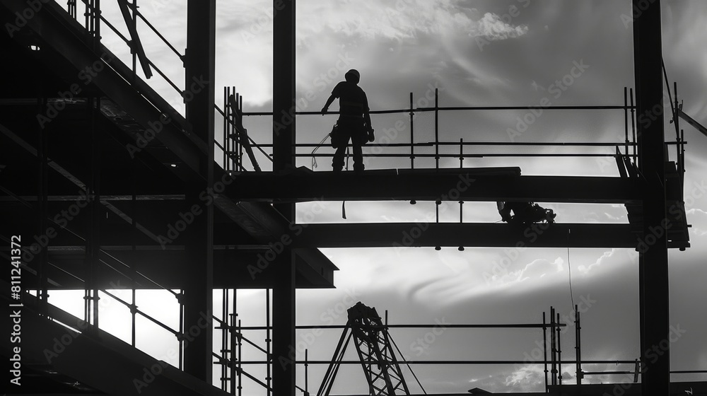 Construction workers assembling steel beams on a high-rise building site, symbolizing progress and development in urban infrastructure. Construction workers assembling steel beams on a high-rise building site, symbolizing progress and development in urban infrastructure.