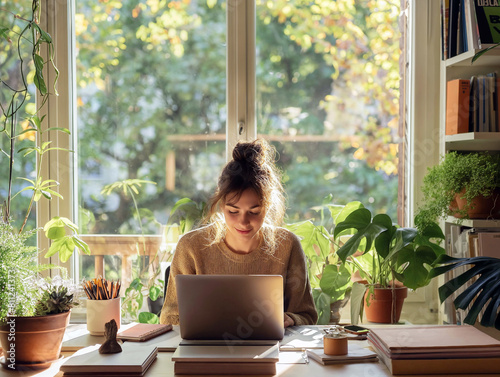 A happy woman working on her laptop in the morning, cozy light from a big window with green plants and books, in the style of a natural scene.  © Jackie