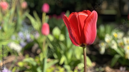 Red tulip in a garden setting with spring floral background showing a close up of the vibrant red flower