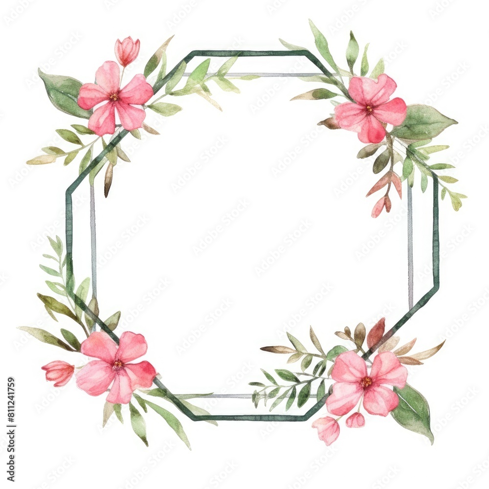 Geometric pastel watercolor frame with pink flowers and green leaves. Hexagon picture frame decorated with pink flower. Modern botany concept for wedding invitation and home decor design. AIG35.