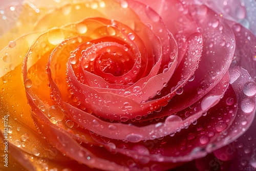 Macro closeup of beautiful multicolored rose with water drops