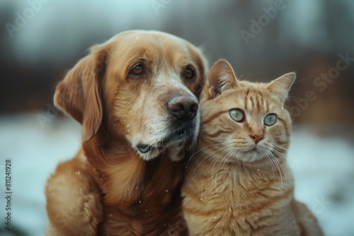 Golden Retriever and cat on a walk in the winter
