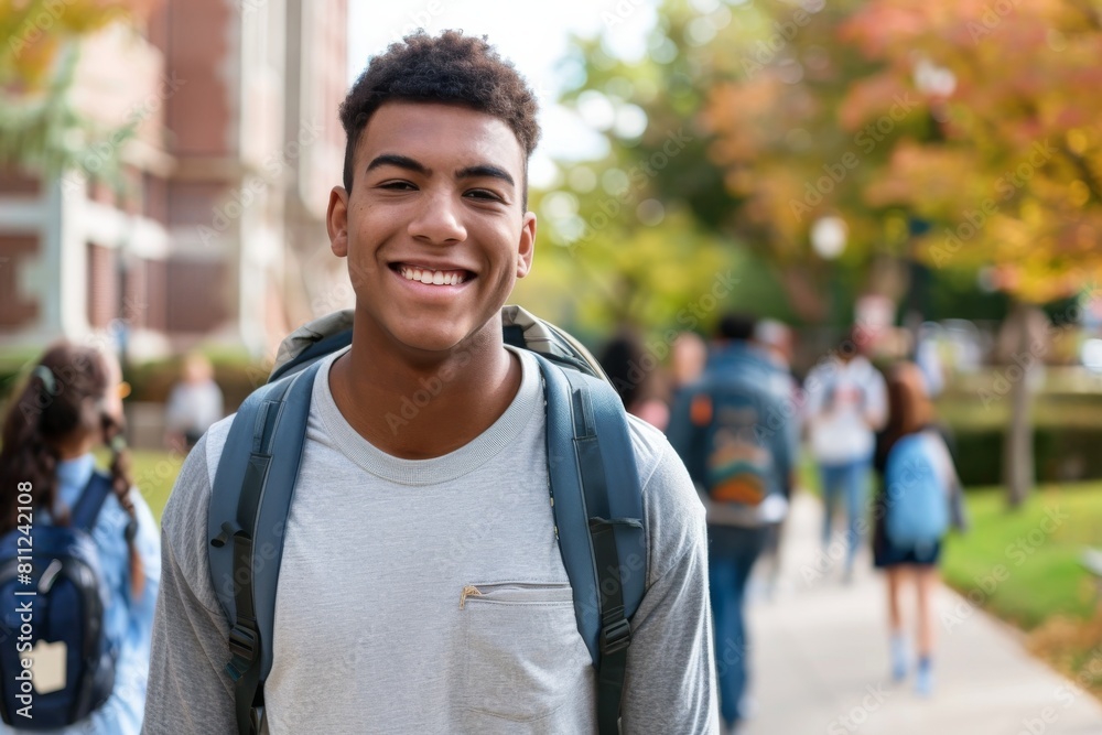 Campus Joy: Smiling Student in Front of College Building Campus Joy: Smiling Student in Front of College Building