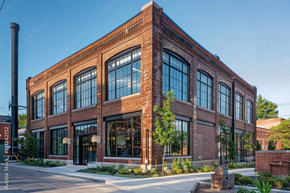 Large Brick Building on Corner, A historic office building that has been converted from a former warehouse, showcasing its original brick facade and industrial charm Large Brick Building on Corner, A historic office building that has been converted from a former warehouse, showcasing its original brick facade and industrial charm