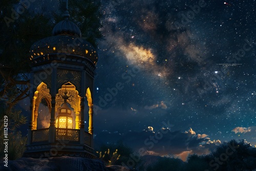 Beautiful night sky with stars and a lantern in the foreground