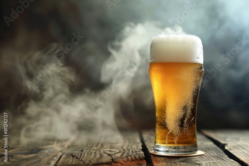 Glass of beer on a wooden table with smoke in the background